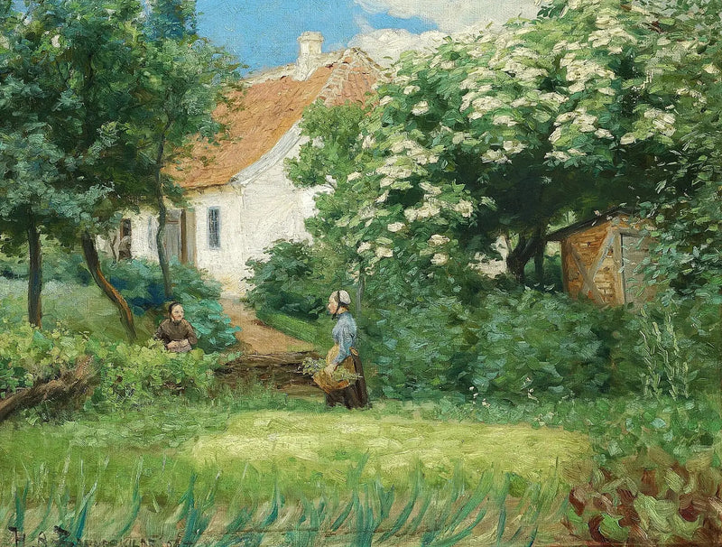 Summer in the Garden. Two women chatting near a flowering chestnut tree. - H. A. Brendekilde