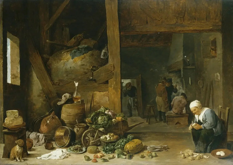 The interior of a kitchen with an old woman peeling turnips - David Teniers the Younger