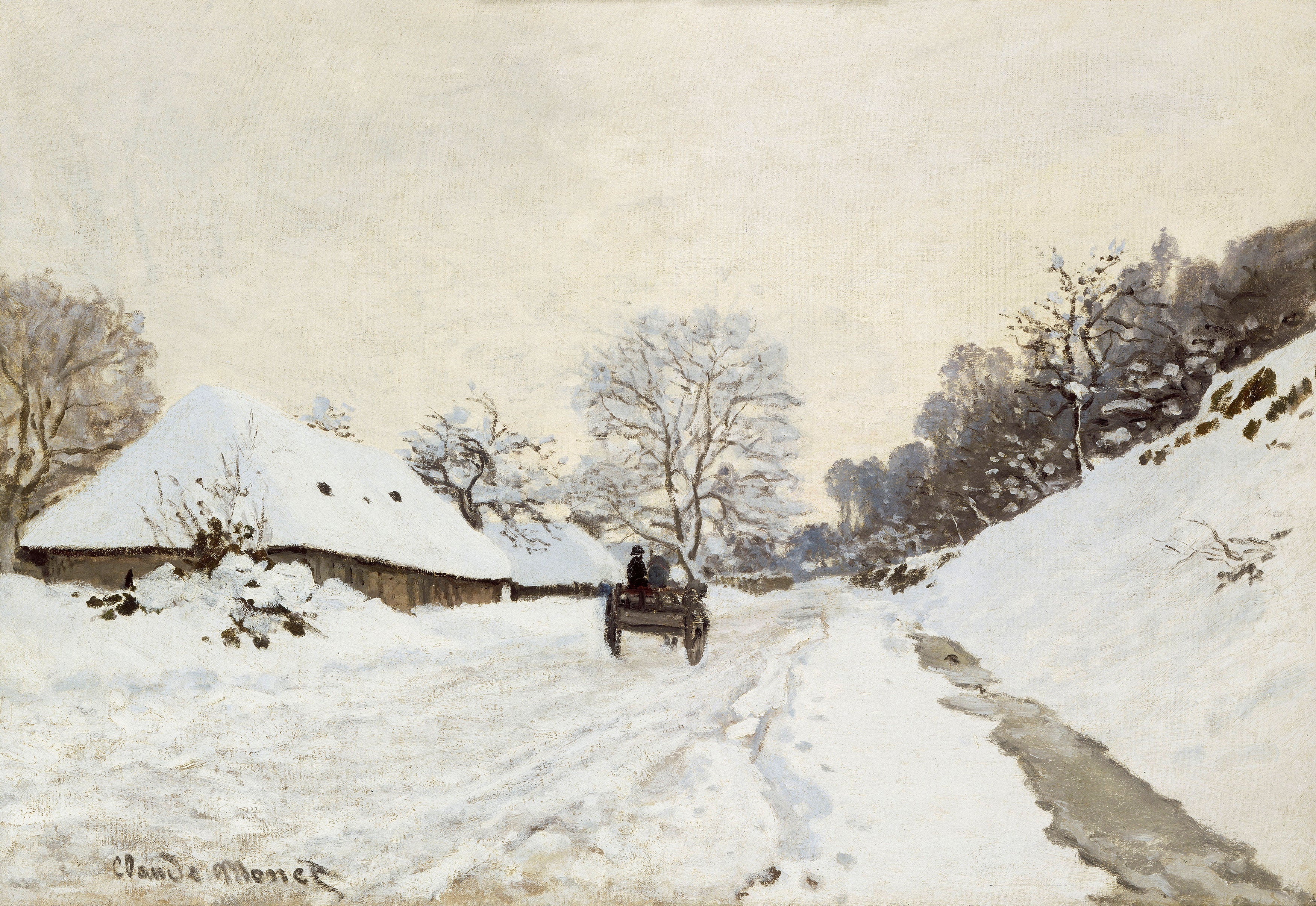 Reproduction du tableau « La Charrette. Route sous la neige à Honfleur - Claude Monet » par Alpha Reproduction en peinture à l’huile
