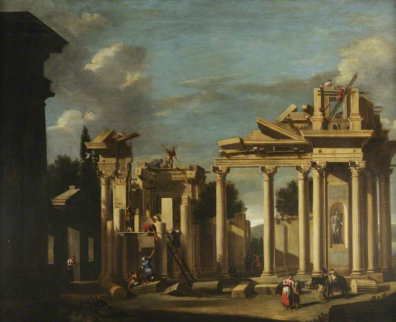 The construction of a classical temple in a landscape - Sebastiano Ricci