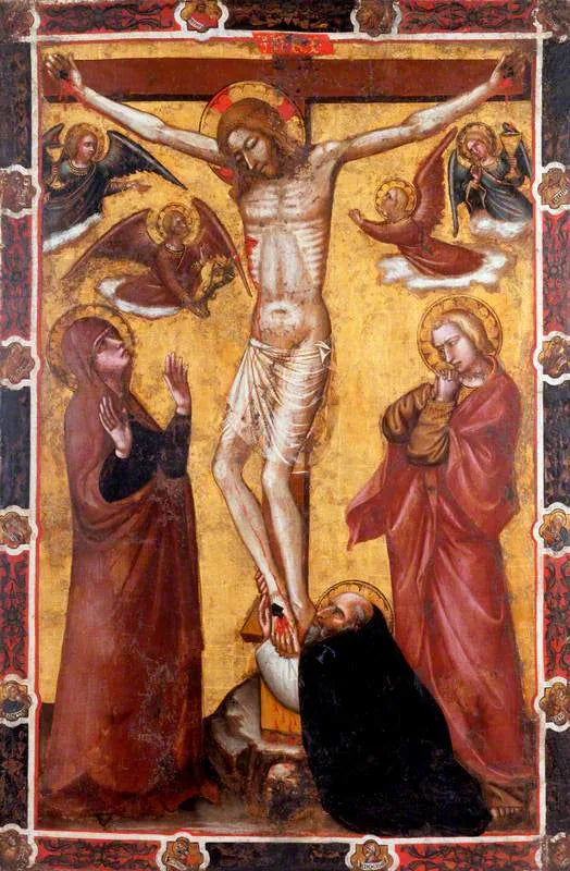 The Crucifixion with the Virgin and Saint John; Saint Anthony the Abbot at the foot of the cross (one side of a procession banner) (formerly attributed to Barnaba da Modena) - Spinello Aretino