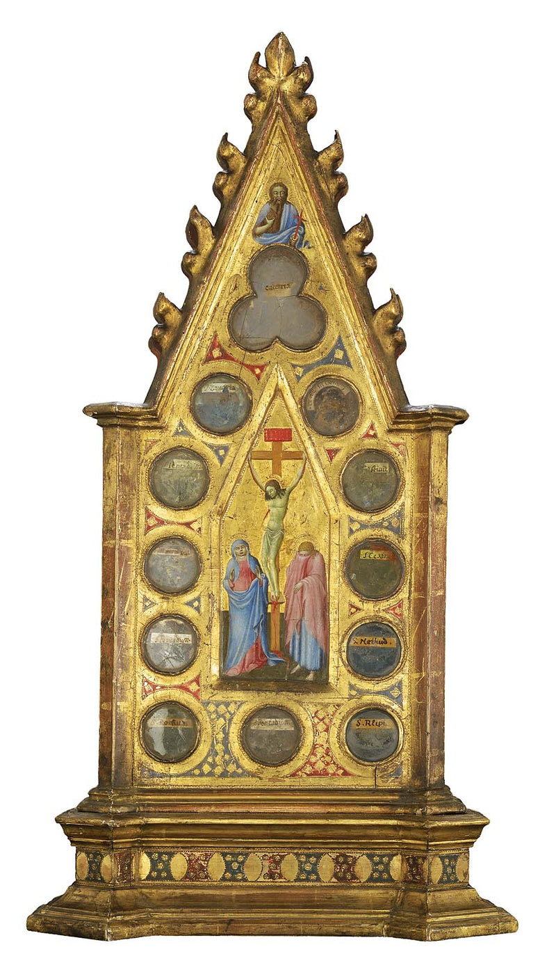 The Crucifixion with the Virgin and Saint John, with Saint John the Baptist (above); a Franciscan saint praying before a vision of Christ and the saints, with a saint (above) (front and back) - Master of the Osservanza