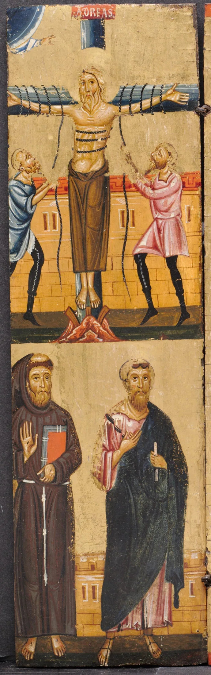The Crucifixion of Saint Andrew, with Saint Francis and Saint Paul below - Berlinghiero Berlinghieri