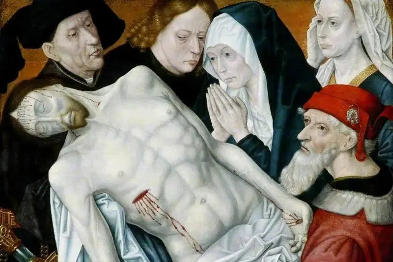 The Lamentation, the Dead Christ supported by John the Baptist, Joseph of Arimathea, and Nicodemus with the Virgin Mary and Mary Magdalene - Hugo van der Goes
