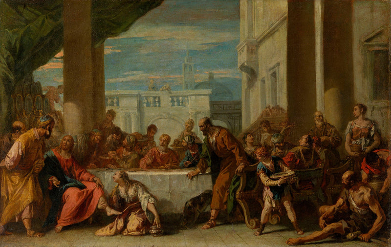 The Madeleine anointing the feet of Christ. - Sebastiano Ricci