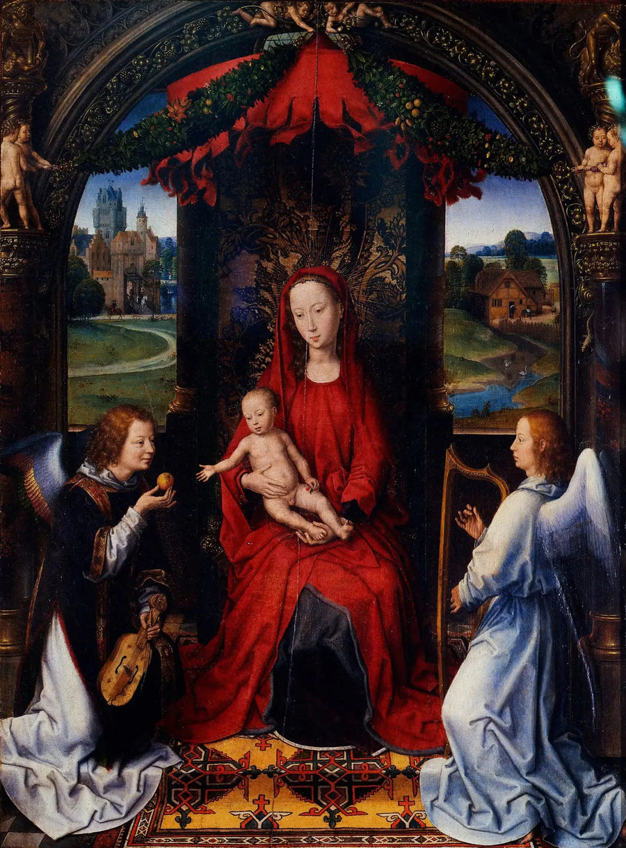 The Madonna enthroned with the child and two musician angels - Hans Memling
