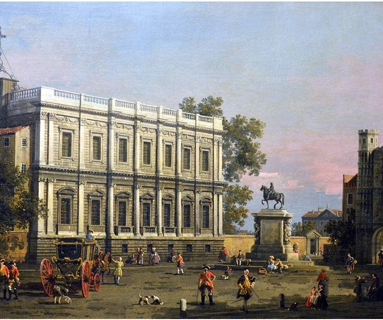 The House of Banquets and the Holbein Gate, Whitehall, with the equestrian statue of King Charles I - Canaletto