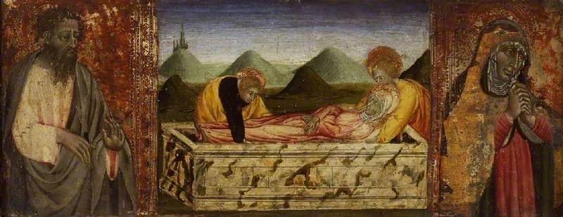 The Entombment of the Virgin with Saint Bartholomew (on the left) and a saint (on the right) - Giovanni di Paolo