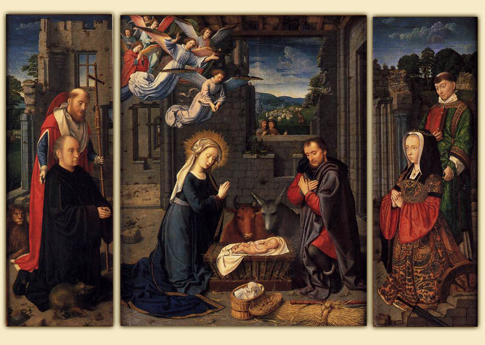 La Nativité avec les donateurs et les saints Jérôme et Léonard - Gérard David - Alpha Reproduction