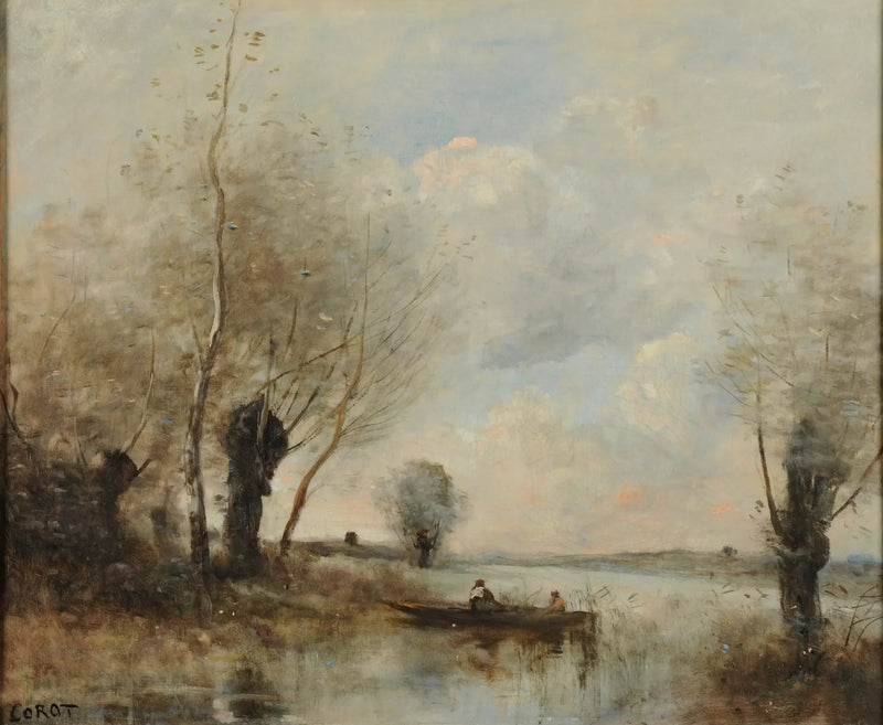 The fishing in a boat near the willows - Jean-Baptiste Camille Corot