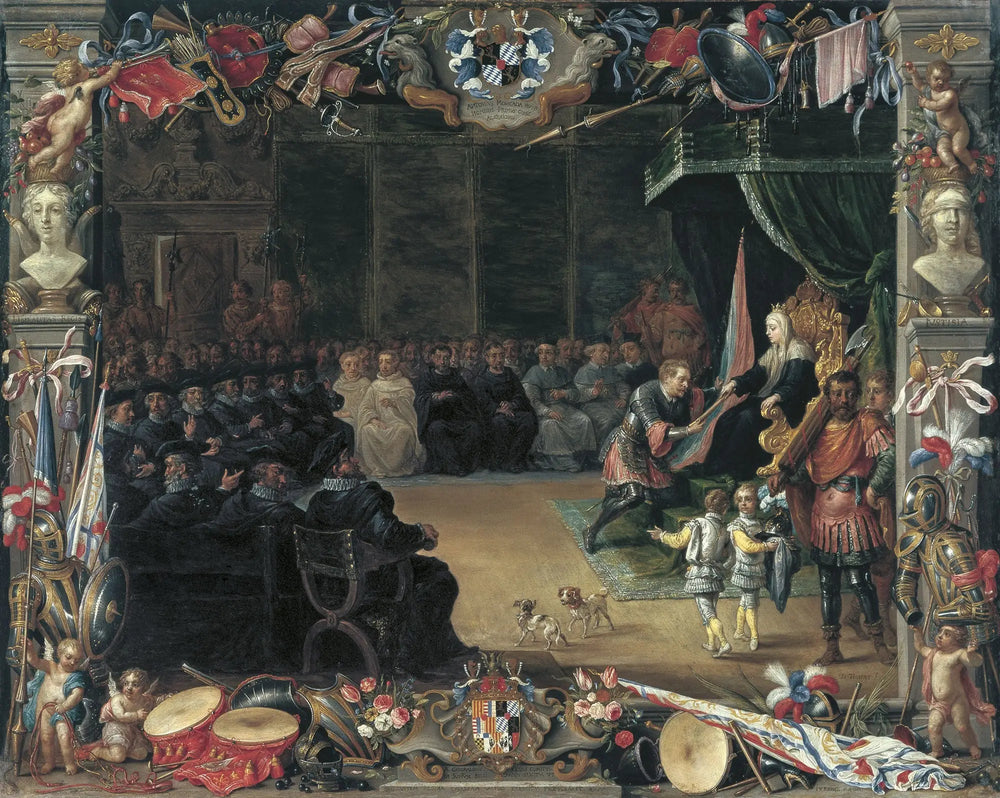 La présentation du bâton du capitaine général à Antonio de Moncada par la reine régente Blanca de Sicile en 1410 - David Teniers le Jeune image 1 reproduction de peinture à l’huile