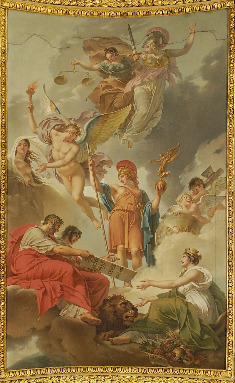 The Earth receiving Emperors Adrian and Justinian, the Code of Roman Laws dictated by nature, justice, and wisdom - Charles Meynier