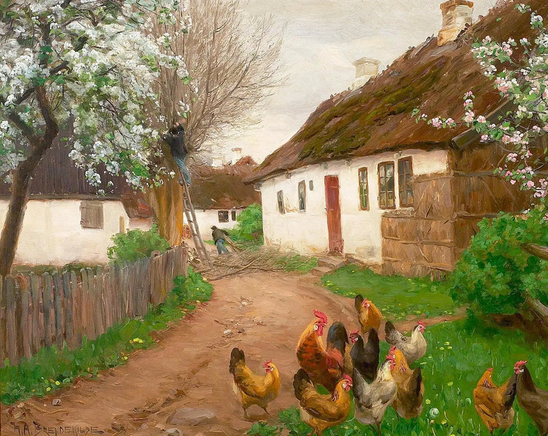 Village Life on a Spring Day with People and Trees - H. A. Brendekilde