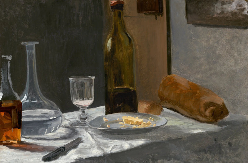 Still life with bottle, carafe, bread, and wine - Claude Monet
