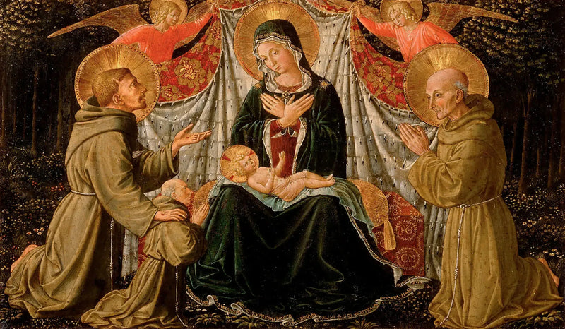 The Virgin and Child with Saint Francis and the Donor Father Jacopo da Montefalco (on the left) and Saint Bernard of Siena (on the right) - Benozzo Gozzoli