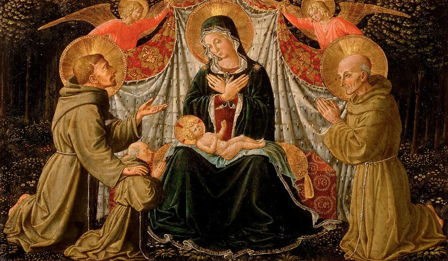 The Virgin and Child with Saint Francis and the Donor Father Jacopo da Montefalco (on the left) and Saint Bernard of Siena (on the right) - Benozzo Gozzoli