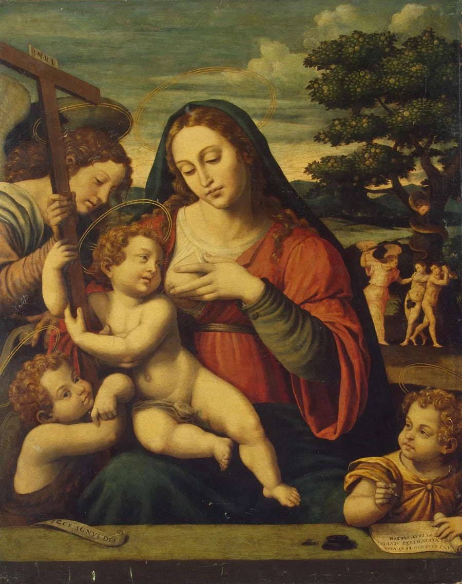 La Vierge à l'Enfant avec saint Jean-Baptiste, saint Jean l'Évangéliste et un ange - Juan de Juanes image 1 tableau peint à l’huile sur toile