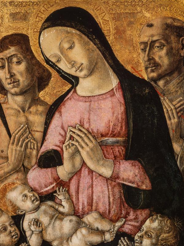 The Virgin and Child with Saint Sebastian, Saint Francis, and Angels - Matteo di Giovanni
