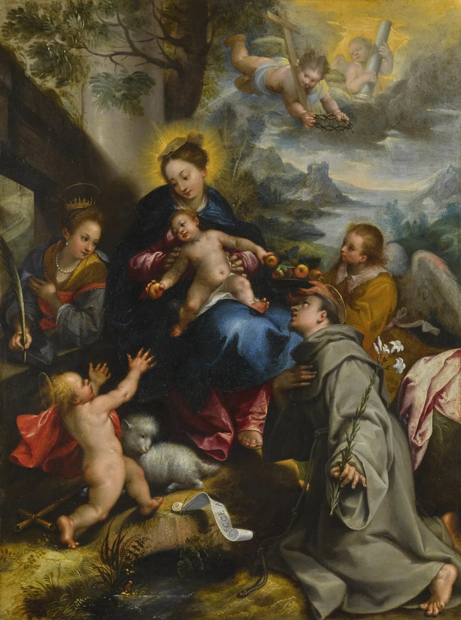 The Virgin and Child with Saint Catherine, Saint Dominic, and the Little Saint John the Baptist, a Landscape Beyond - Denis Calvaert