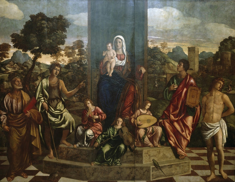 The Virgin and Child in Majesty with Saints Peter, John the Baptist, John the Evangelist, Sebastian, and Three Musician Angels - Giovanni Bellini