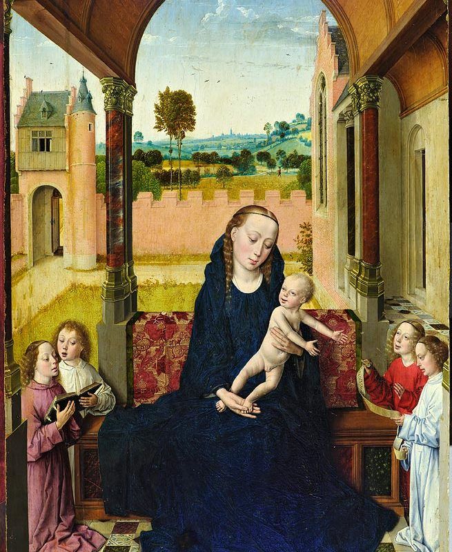 The Virgin and Child with Angels in a Loggia - Dirk Bouts