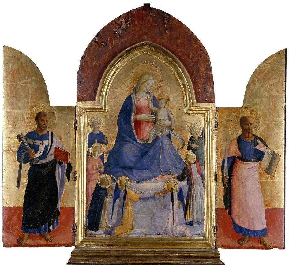 The Virgin and Child with Angels and a Dominican Saint (in the center); Saint Peter (on the left); Saint Paul (on the right) - Fra Angelico