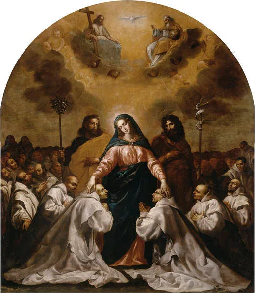 La Vierge, accompagnée de saint Joseph et de saint Jean-Baptiste, abrite l'ordre des Chartreux sous ses robes. - Vincenzo Carducci