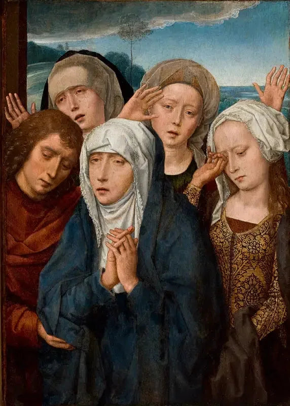 The Virgin of mourning with Saint John and the pious women of Galilee - Hans Memling