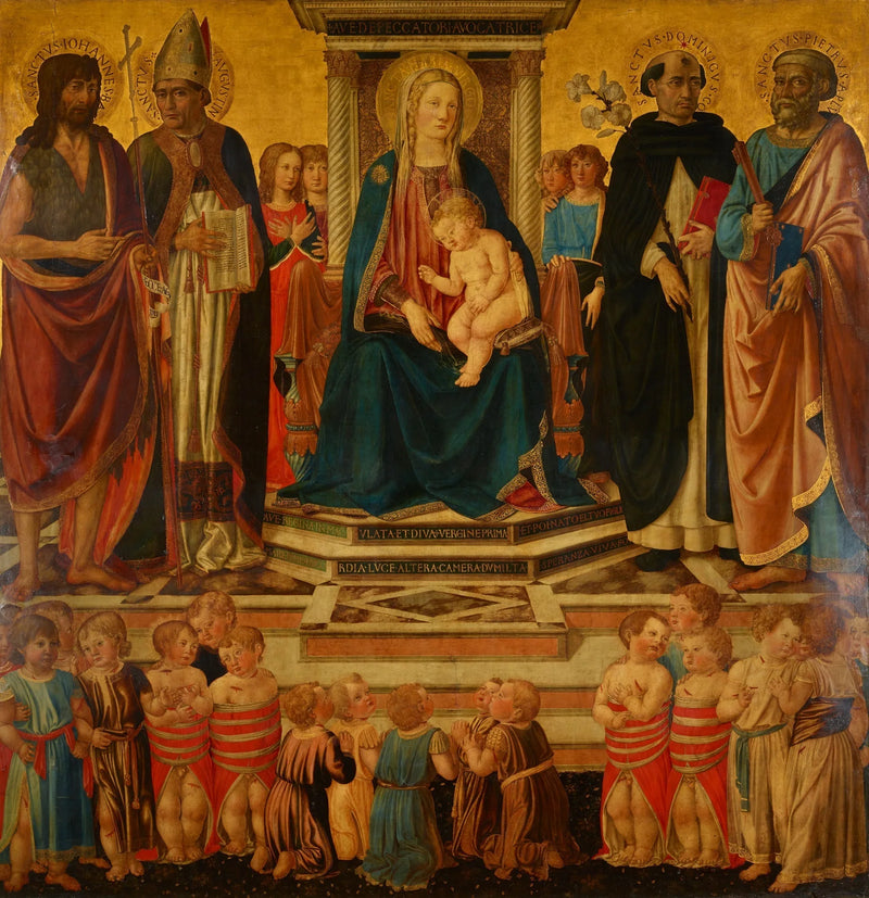 The Virgin and Child blessing enthroned with the saints John, Augustine, Dominic, Peter, and the victims of the Bethlemite massacre - Cosimo Rosselli