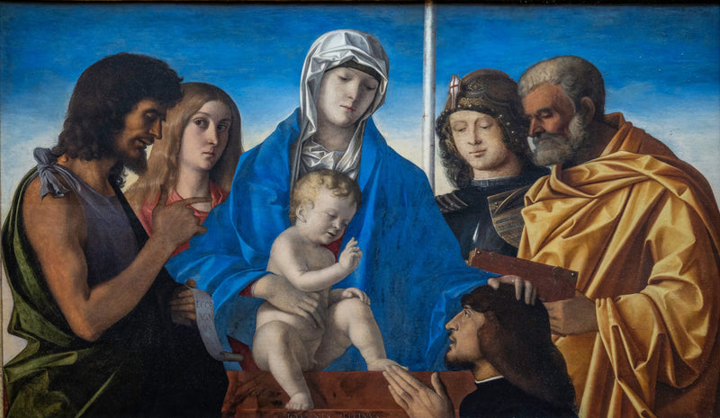 The Virgin and Child surrounded by Saint John the Baptist, Saint Mary Magdalene, Saint George, Saint Peter, and a donor - Giovanni Bellini