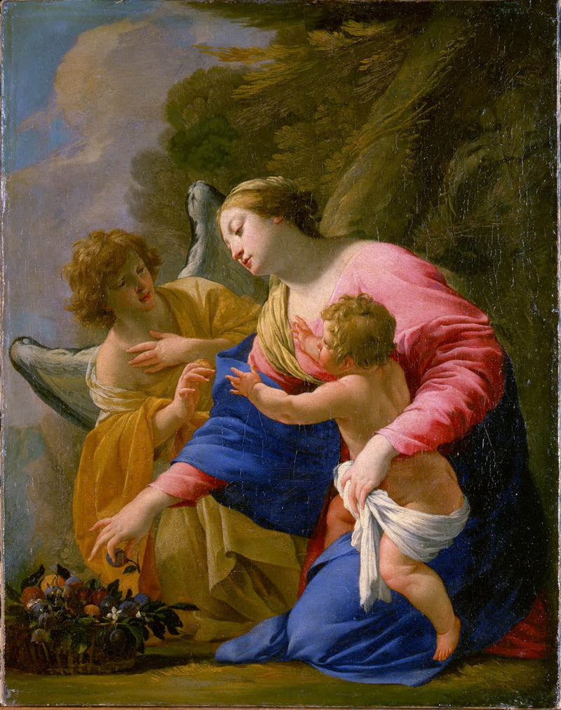 The Virgin and Child with a Basket of Fruits with an Angel in a Landscape - Simon Vouet