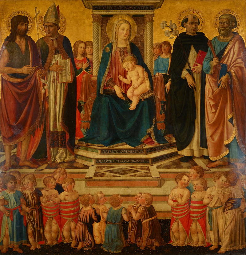 The Virgin and Child blessing enthroned with the saints John, Augustine, Dominic, Peter, and the victims of the Bethlemite massacre - Cosimo Rosselli