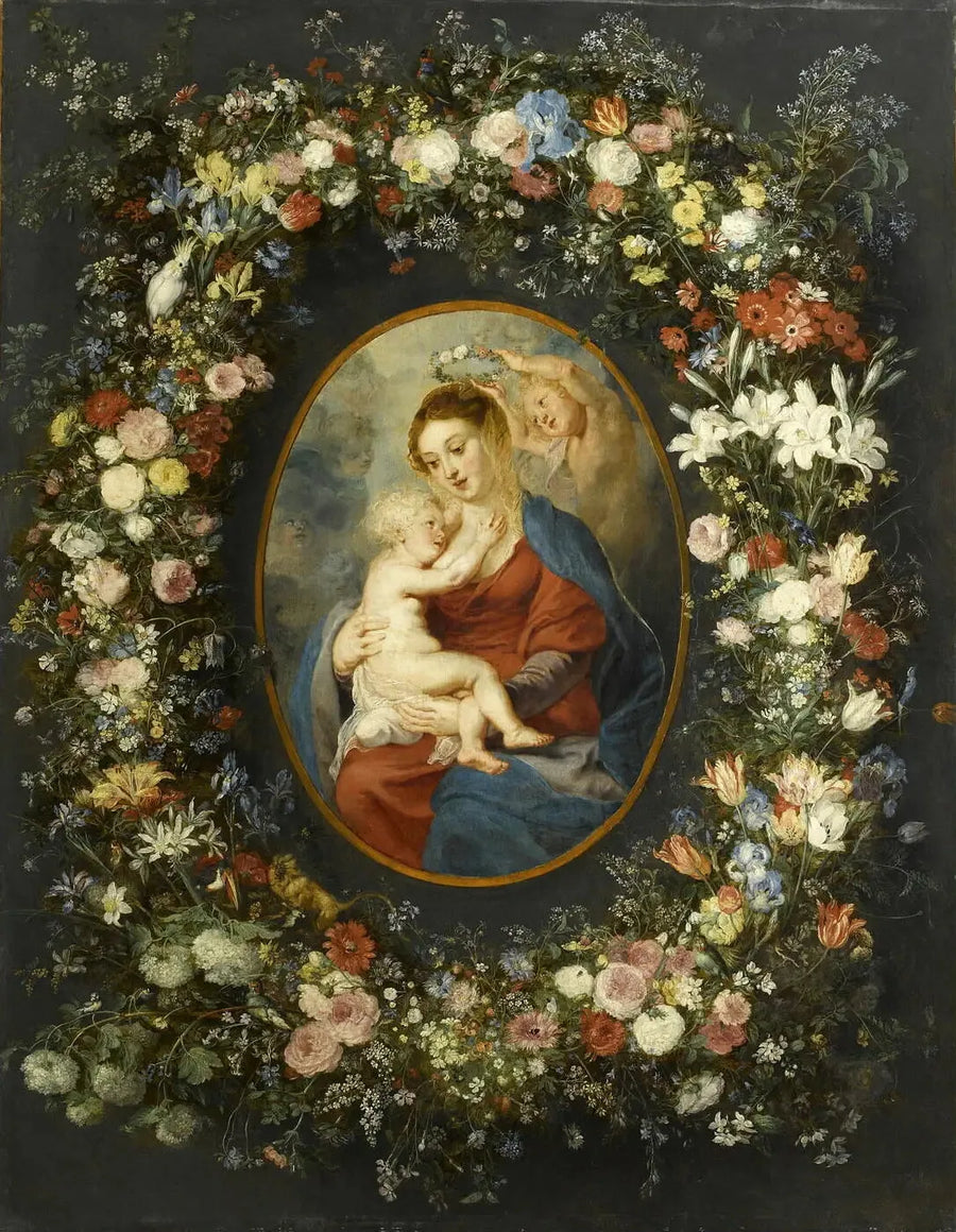 The Virgin, Child Jesus, and an Angel in the Middle of a Garland of Flowers - Peter Paul Rubens