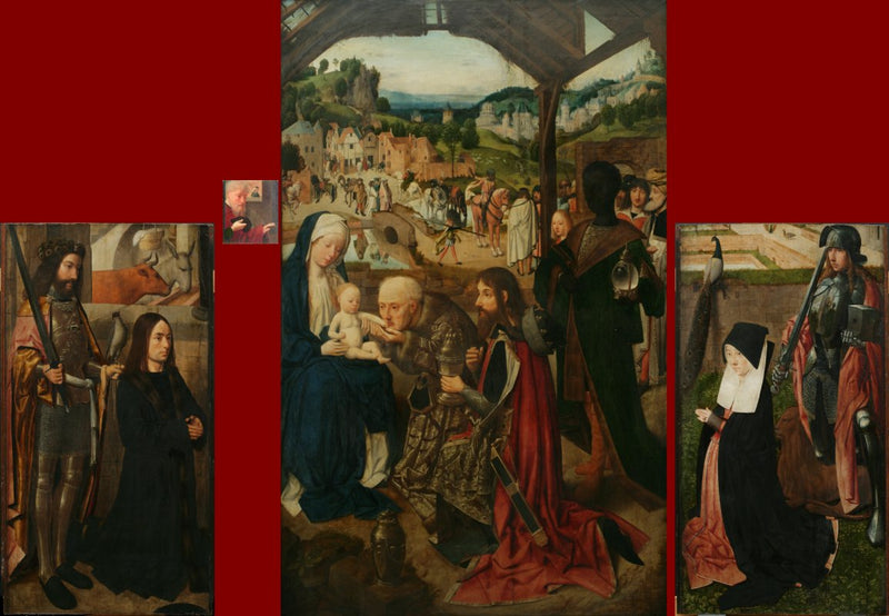 The Adoration of the Magi, altarpiece with shutters; left shutter: the donor with Saint Bavon; right shutter: the donor's wife with Saint Adrian - Geertgen tot Sint Jans