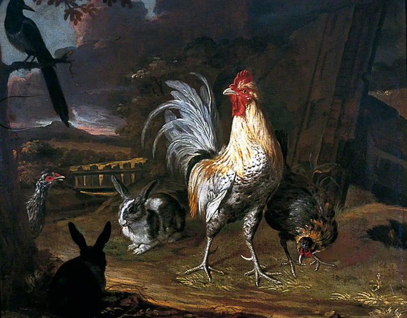 Rabbits, a rooster and a hen on a landscape background - Melchior de Hondecoeter