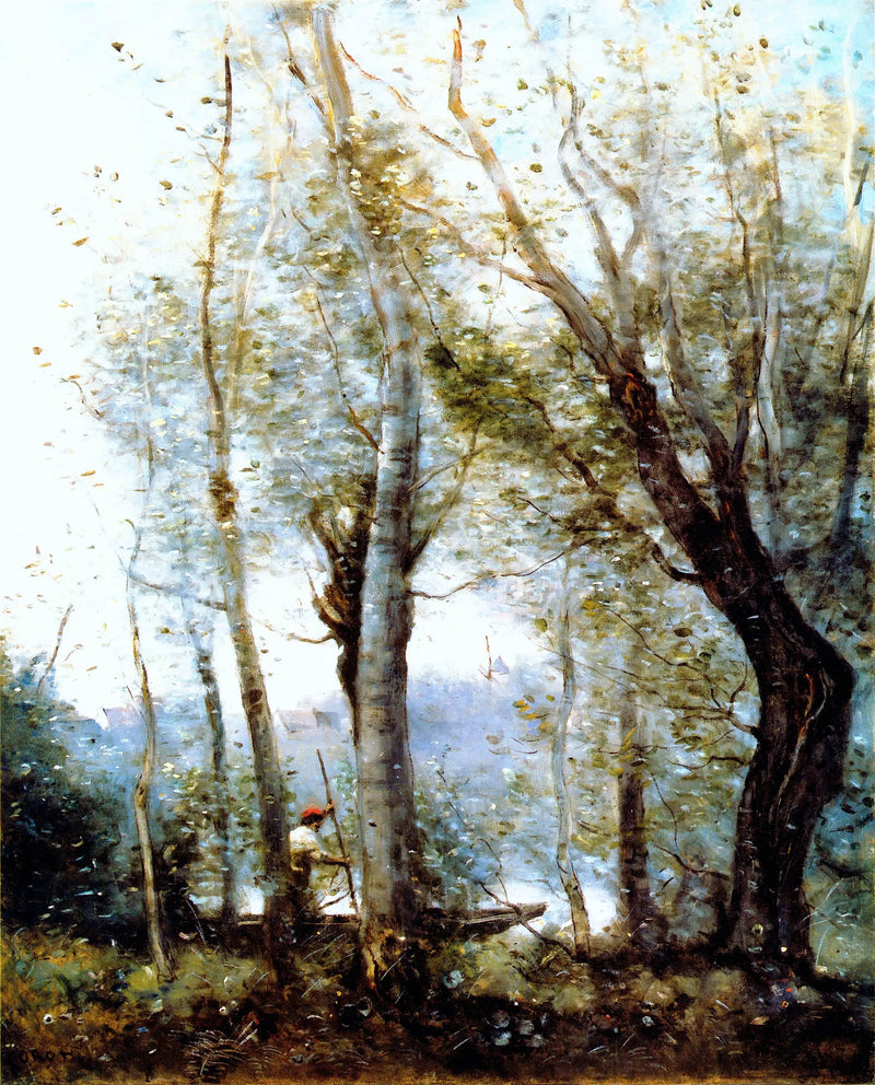The Boatman passing behind the trees of the bank - Jean-Baptiste Camille Corot