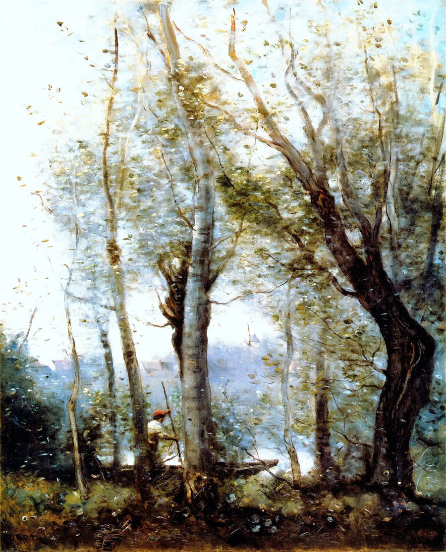 The Boatman passing behind the trees of the bank - Jean-Baptiste Camille Corot