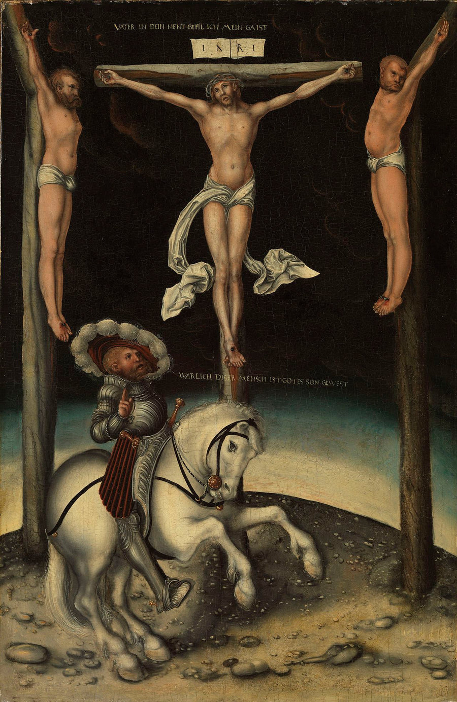 Longinus the Centurion among the crosses of Christ and the two thieves - Lucas Cranach the Elder