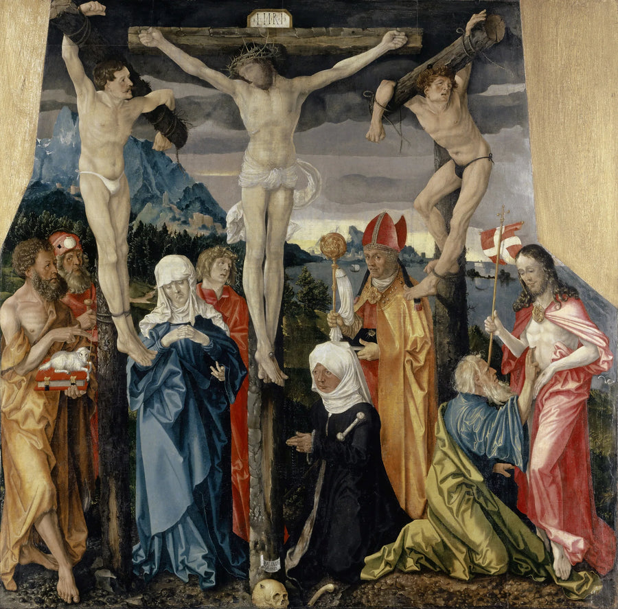 The Christ on the cross with the robbers, saints, and a donor - Hans Baldung Grien