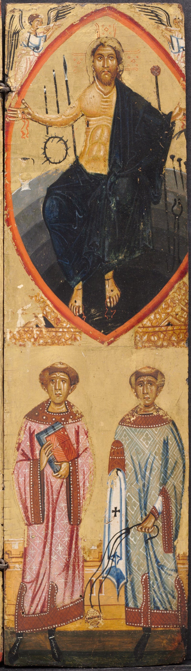 Christ in an almond-shaped aureole, with the instruments of the Passion, with Saint Stephen and Saint Lawrence below - Berlinghiero Berlinghieri
