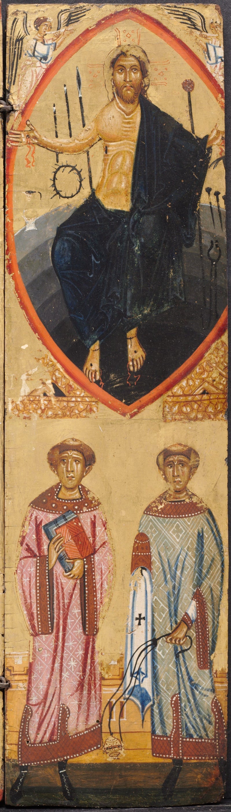 Christ in an almond-shaped aureole, with the instruments of the Passion, with Saint Stephen and Saint Lawrence below - Berlinghiero Berlinghieri