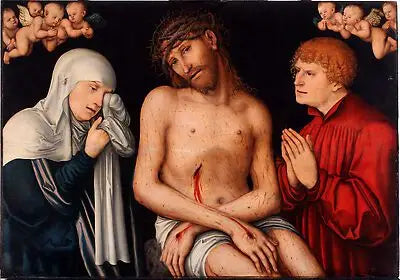 Christ as Man of Sorrows flanked by the Virgin and Saint John with angels - Lucas Cranach the Elder