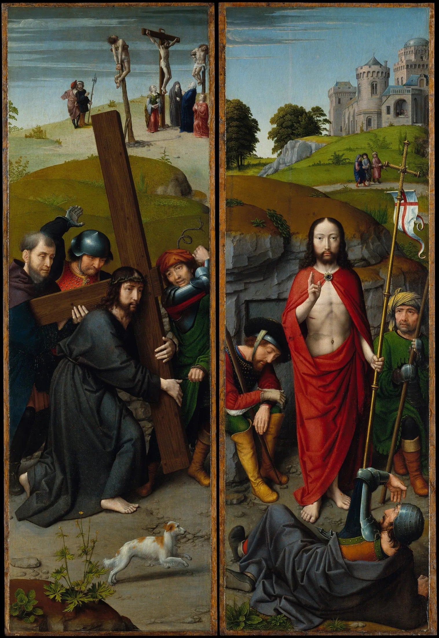 Le Christ portant la croix, avec la crucifixion ; la Résurrection, avec les pèlerins d'Emmaüs - Gérard David image 1 tableau peint à l’huile sur toile