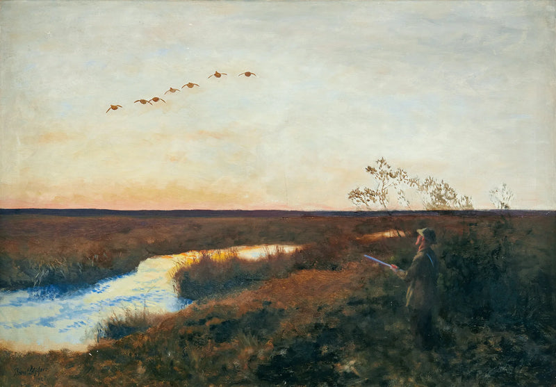 Twilight envelops a landscape where ducks and a hunter stretch out - Bruno Liljefors