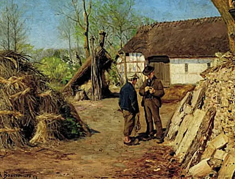 The son of a young farmer speaks to a young peasant. - H. A. Brendekilde