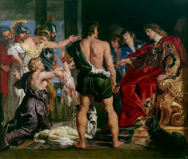 The Judgment of Solomon: Solomon renders his verdict; he orders a soldier to divide the living child in two; the true mother opposes Solomon's verdict (1 Kings 3:25-27) - Peter Paul Rubens