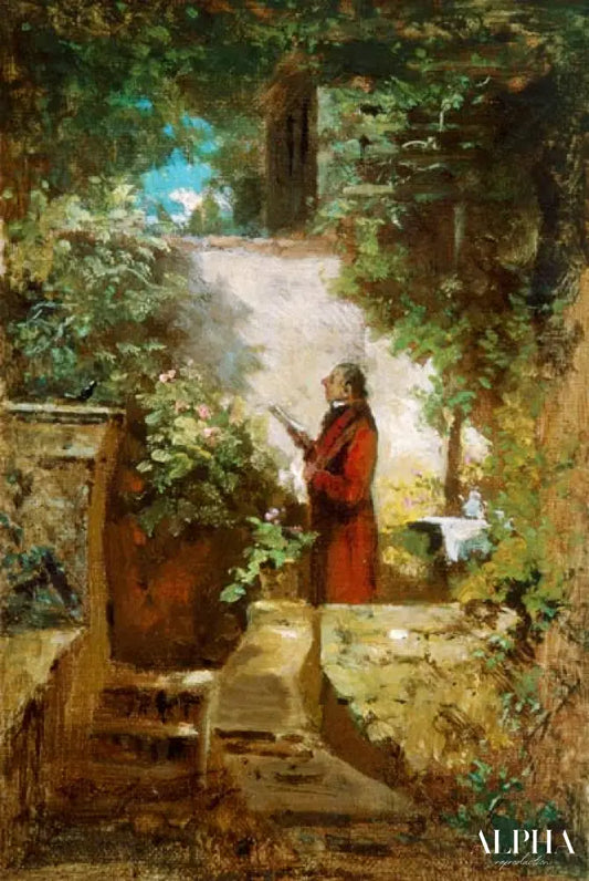 Le lecteur de journaux dans le jardin de la maison - Carl Spitzweg - Reproductions de tableaux et peintures haut de gamme