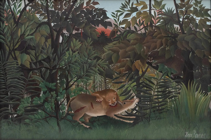 The lion, ayant faim, se jette sur l'antilope - Henri Rousseau