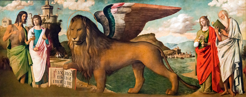 The Lion of Saint Mark among the saints John the Baptist, Mark, Mary Magdalene, and Jerome - Cima da Conegliano