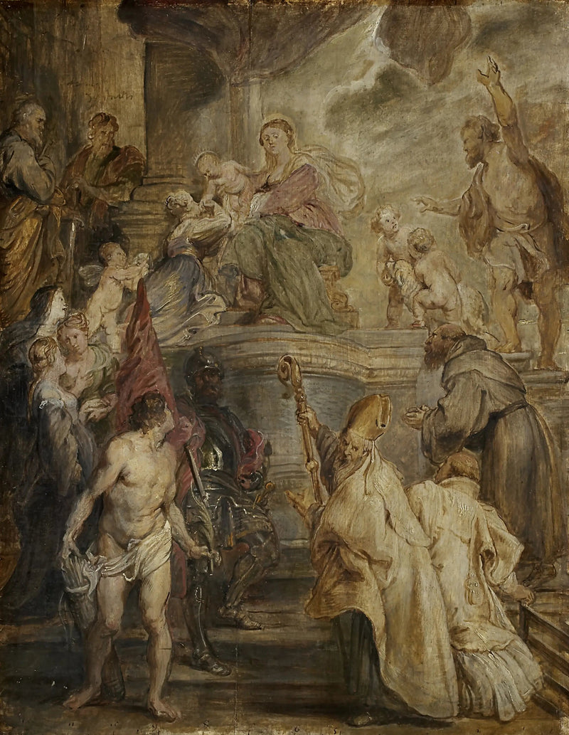 The Mystic Marriage of Saint Catherine (Color sketches for the altar of the Augustinian Fathers' church in Antwerp), verso: Two cavalry battles - Peter Paul Rubens